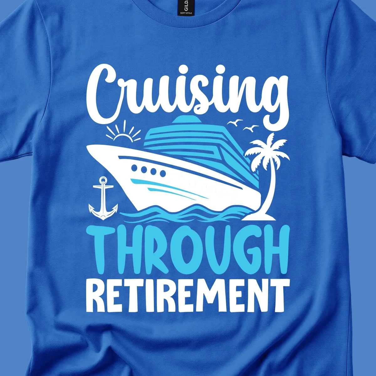 Cruising through retirement design with cruise ship, palm tree, anchor, waves, sun and seagulls in white and blue on gray background
