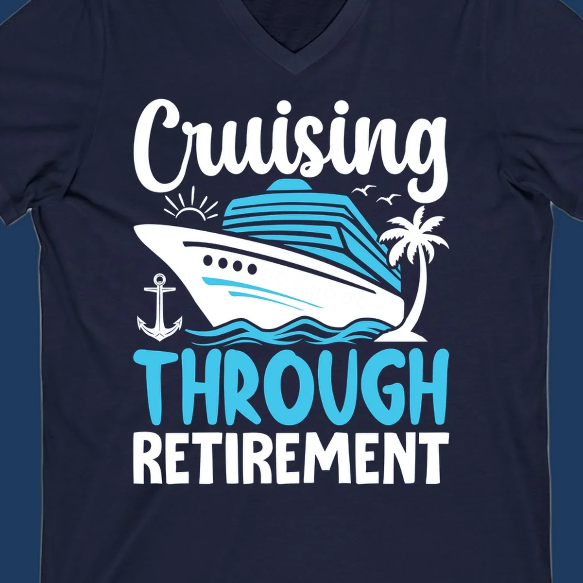 Cruising through retirement design with cruise ship, palm tree, anchor, waves, sun and seagulls in white and blue on gray background