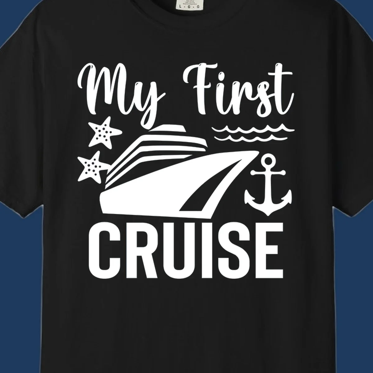 My First Cruise nautical design with cruise ship, starfish, waves, and anchor on gray background