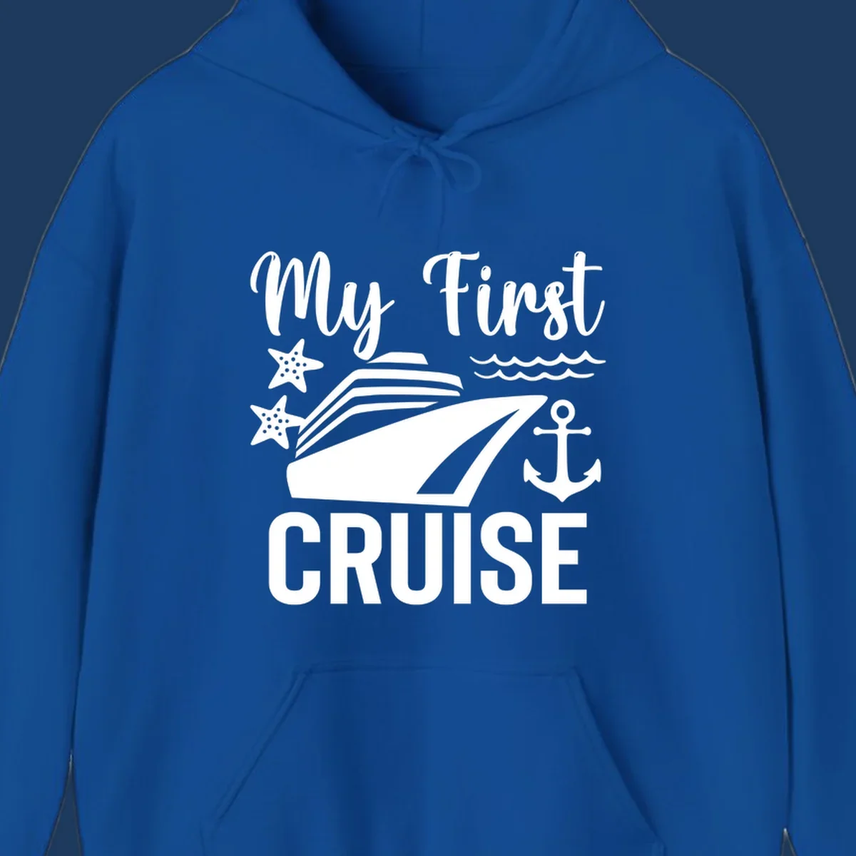 My First Cruise nautical design with cruise ship, starfish, waves, and anchor on gray background