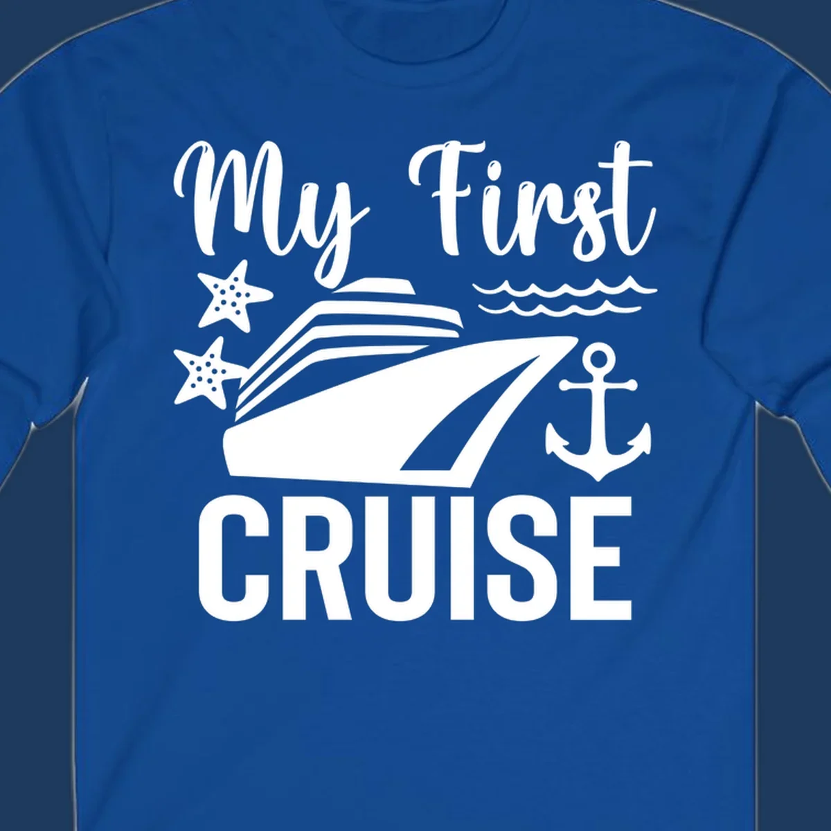 My First Cruise nautical design with cruise ship, starfish, waves, and anchor on gray background