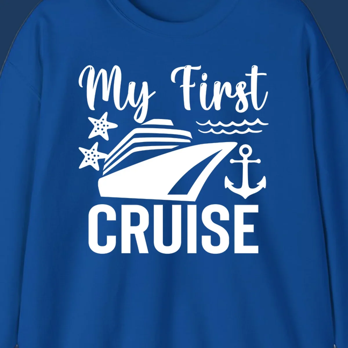 My First Cruise nautical design with cruise ship, starfish, waves, and anchor on gray background