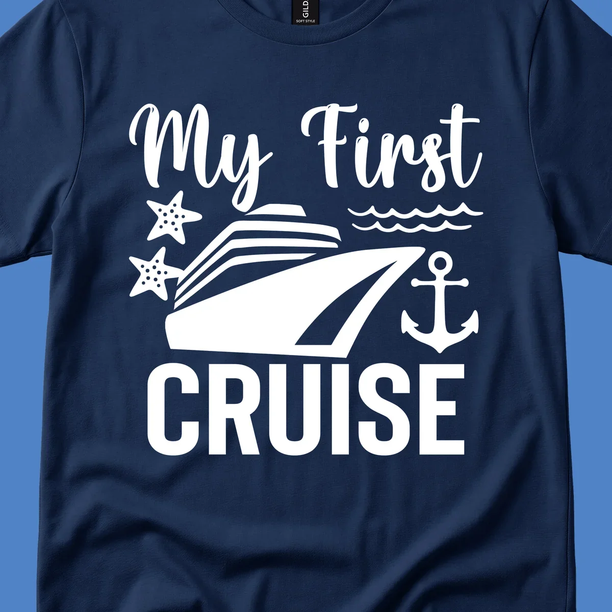 My First Cruise nautical design with cruise ship, starfish, waves, and anchor on gray background