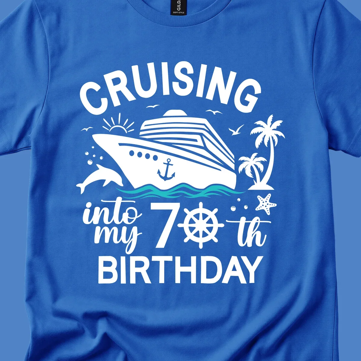 Cruise ship illustration with 'Cruising into my 70th Birthday' text, featuring dolphins, palm trees, starfish, and nautical elements on gray background