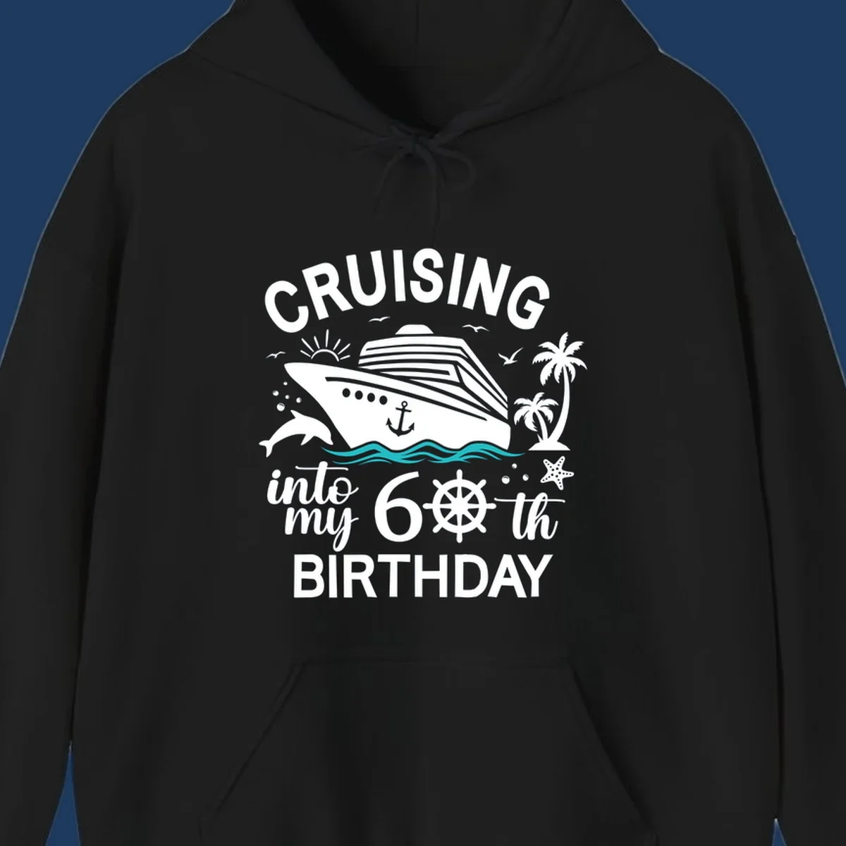 Cruise ship illustration with 'Cruising into my 60th Birthday' text, nautical elements including ship's wheel, waves, and tropical scenery in white and teal on gray background.