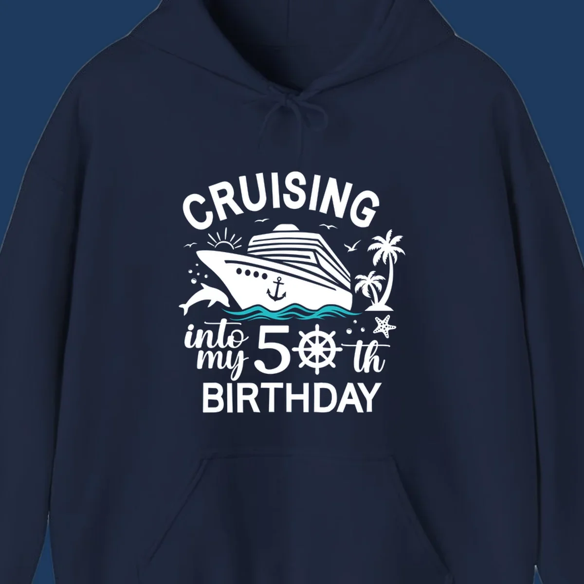 Cruise ship illustration with ocean waves, tropical elements, and text reading 'Cruising into my 50th Birthday' for milestone celebration apparel