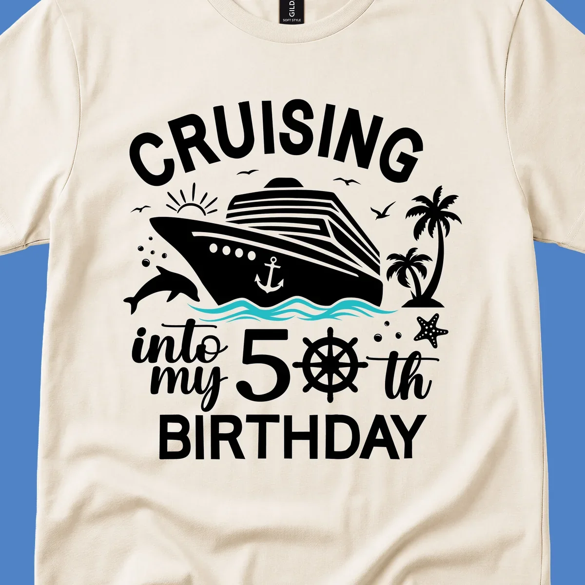 Cruise ship illustration with ocean waves, tropical elements, and text reading 'Cruising into my 50th Birthday' for milestone celebration apparel
