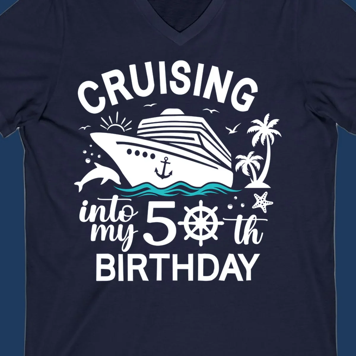 Cruise ship illustration with ocean waves, tropical elements, and text reading 'Cruising into my 50th Birthday' for milestone celebration apparel