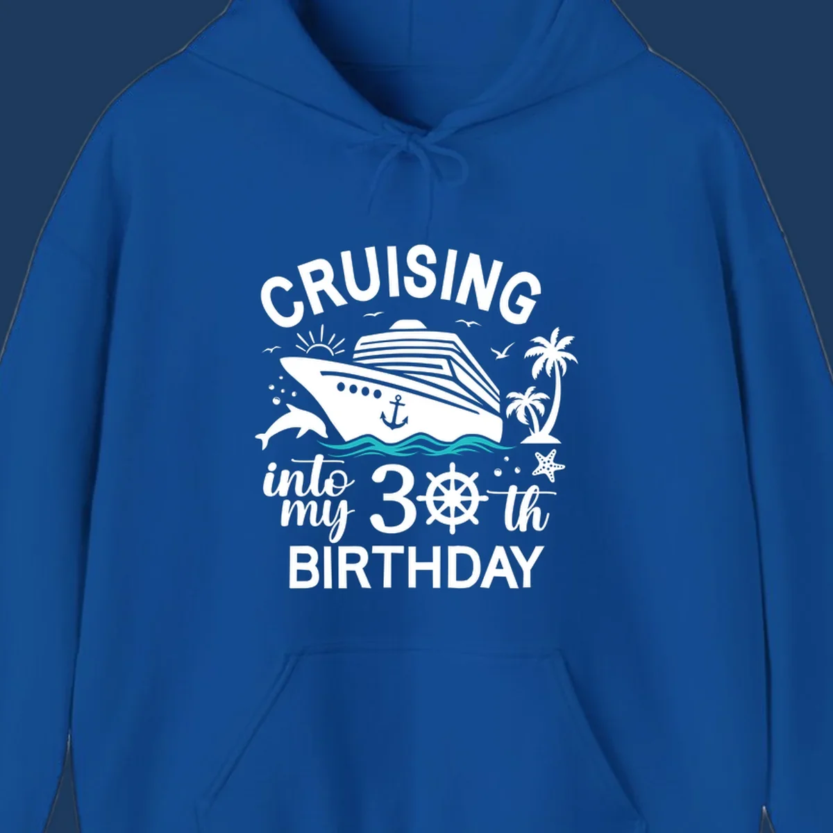Cruising into my 30th birthday design with cruise ship, ocean waves, palm trees, dolphins, and nautical elements on gray background