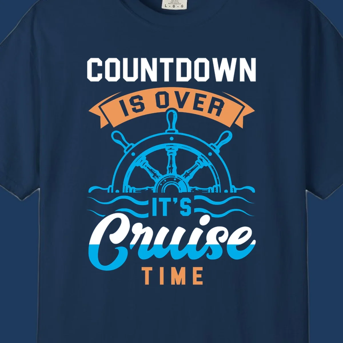 Nautical design with ship's wheel and ocean waves featuring countdown-cruise-time text in orange and white