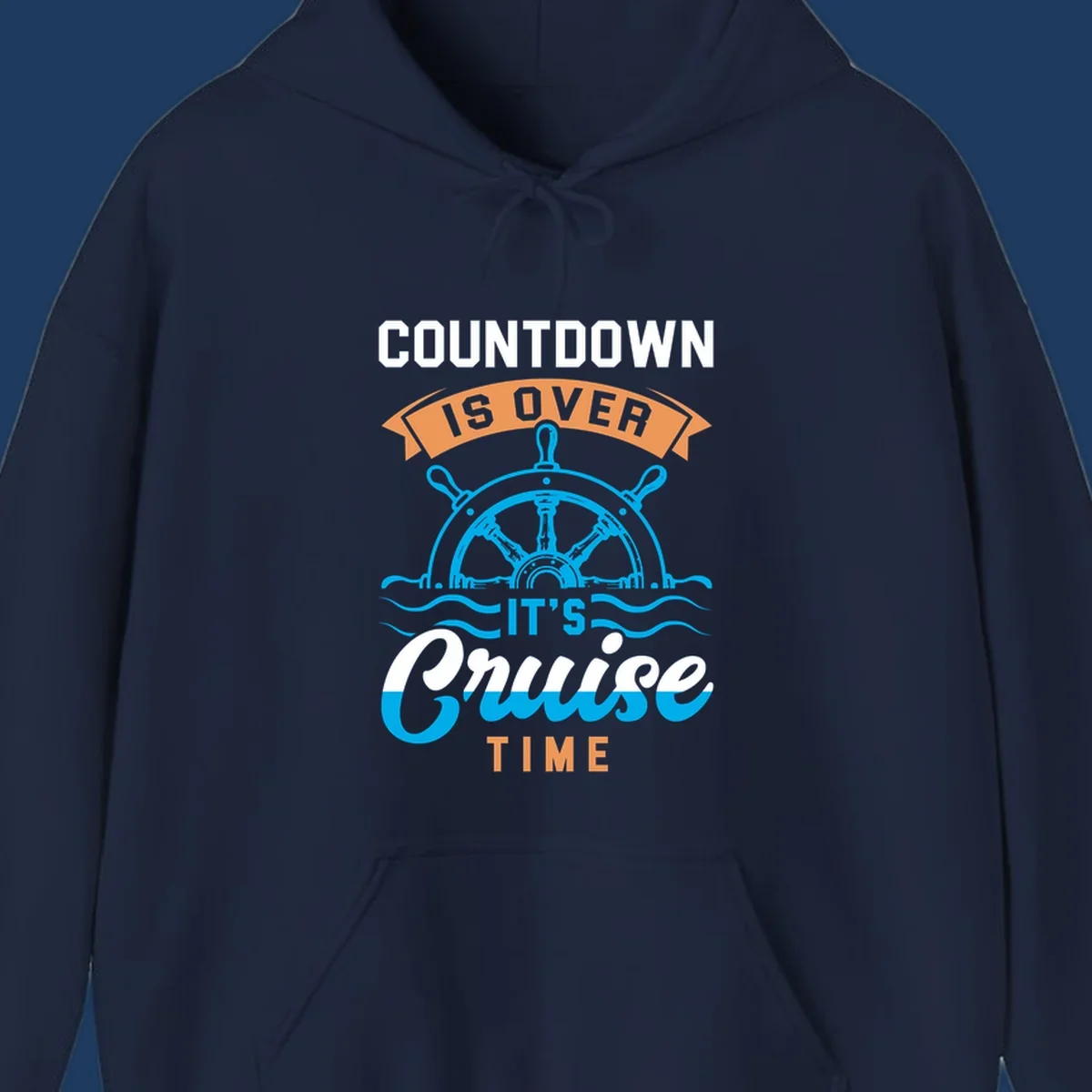 Nautical design with ship's wheel and ocean waves featuring countdown-cruise-time text in orange and white