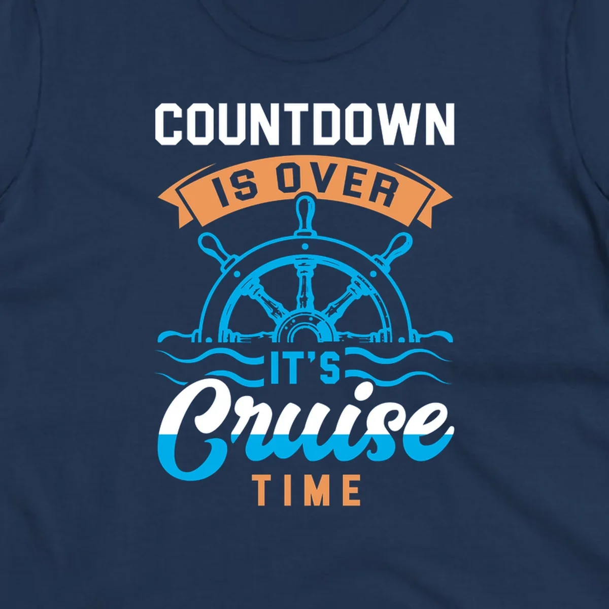 Nautical design with ship's wheel and ocean waves featuring countdown-cruise-time text in orange and white