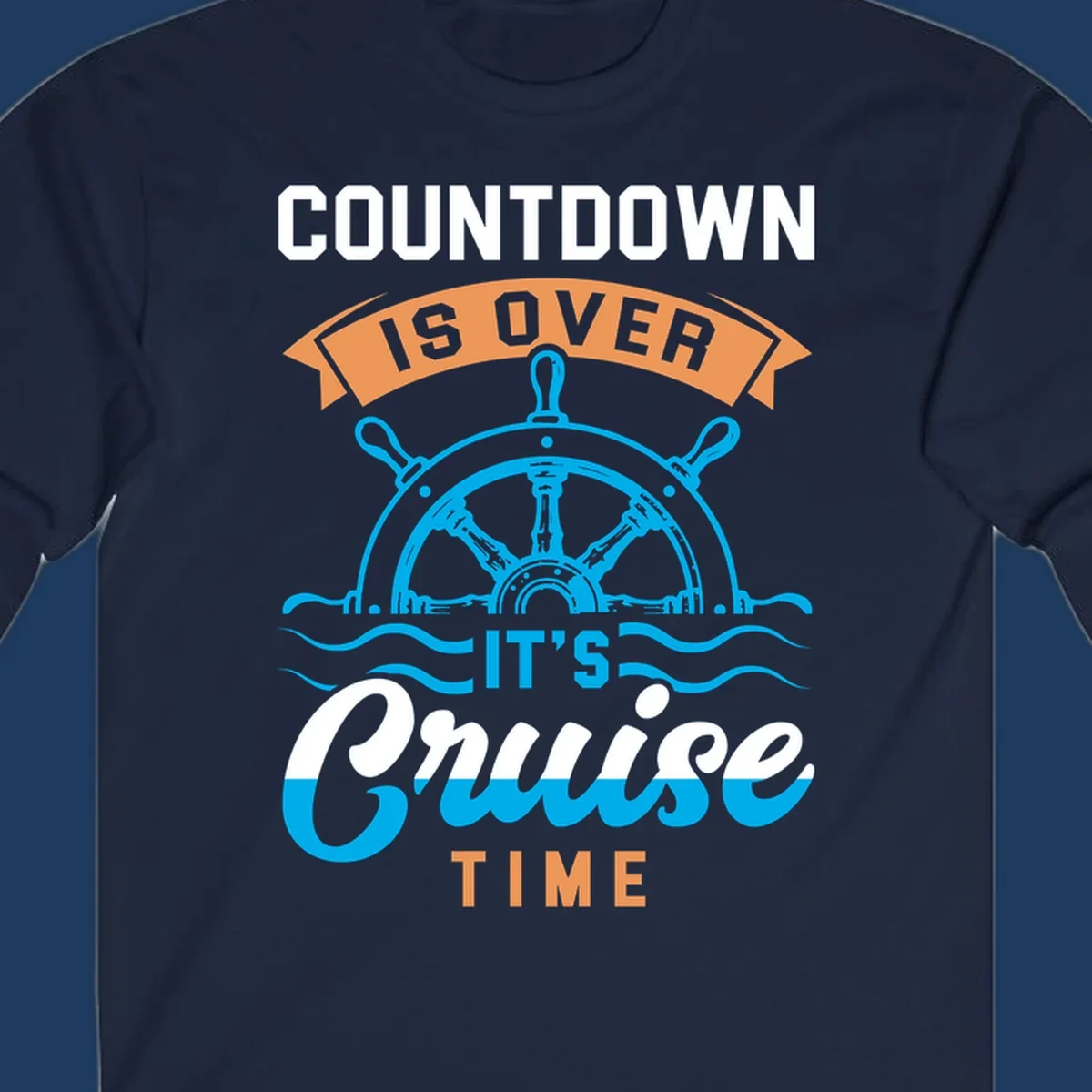 Nautical design with ship's wheel and ocean waves featuring countdown-cruise-time text in orange and white
