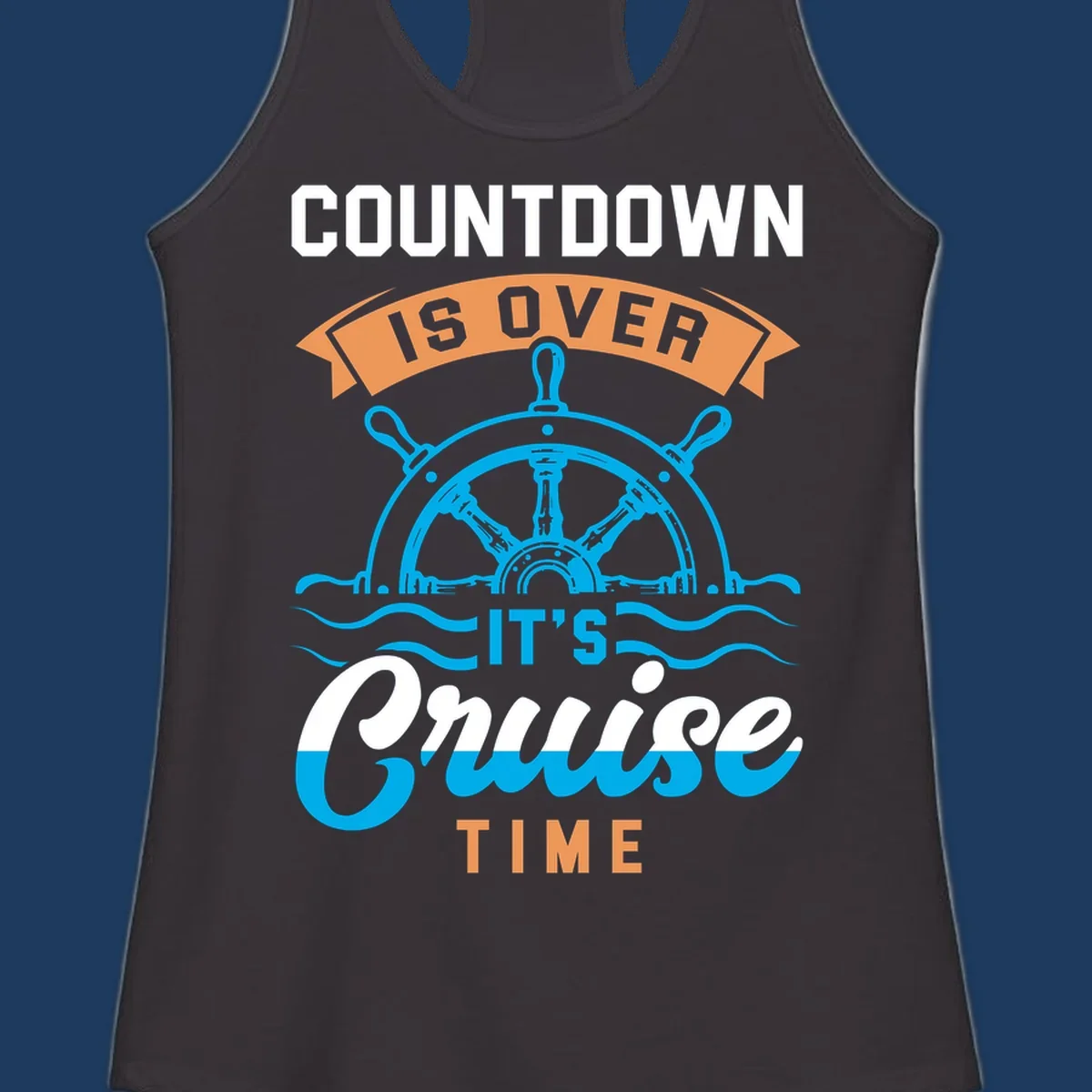 Nautical design with ship's wheel and ocean waves featuring countdown-cruise-time text in orange and white
