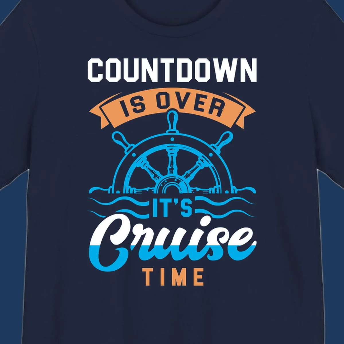 Nautical design with ship's wheel and ocean waves featuring countdown-cruise-time text in orange and white