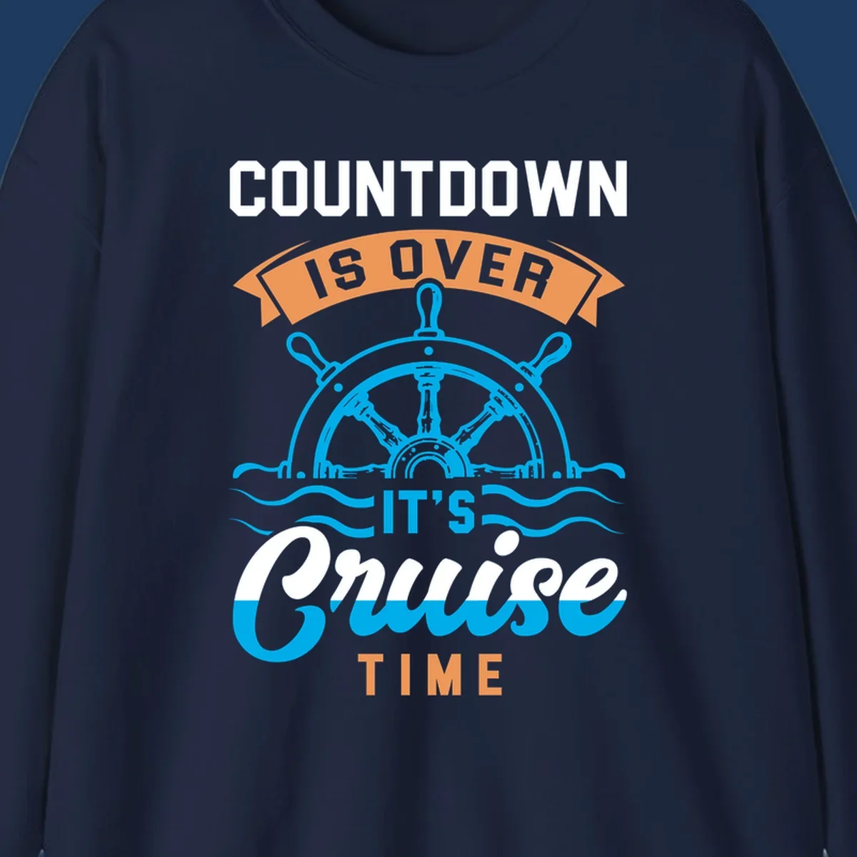 Nautical design with ship's wheel and ocean waves featuring countdown-cruise-time text in orange and white