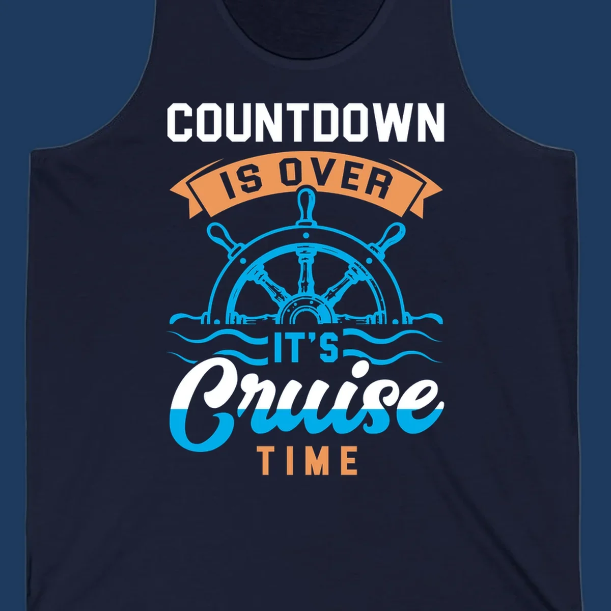 Nautical design with ship's wheel and ocean waves featuring countdown-cruise-time text in orange and white