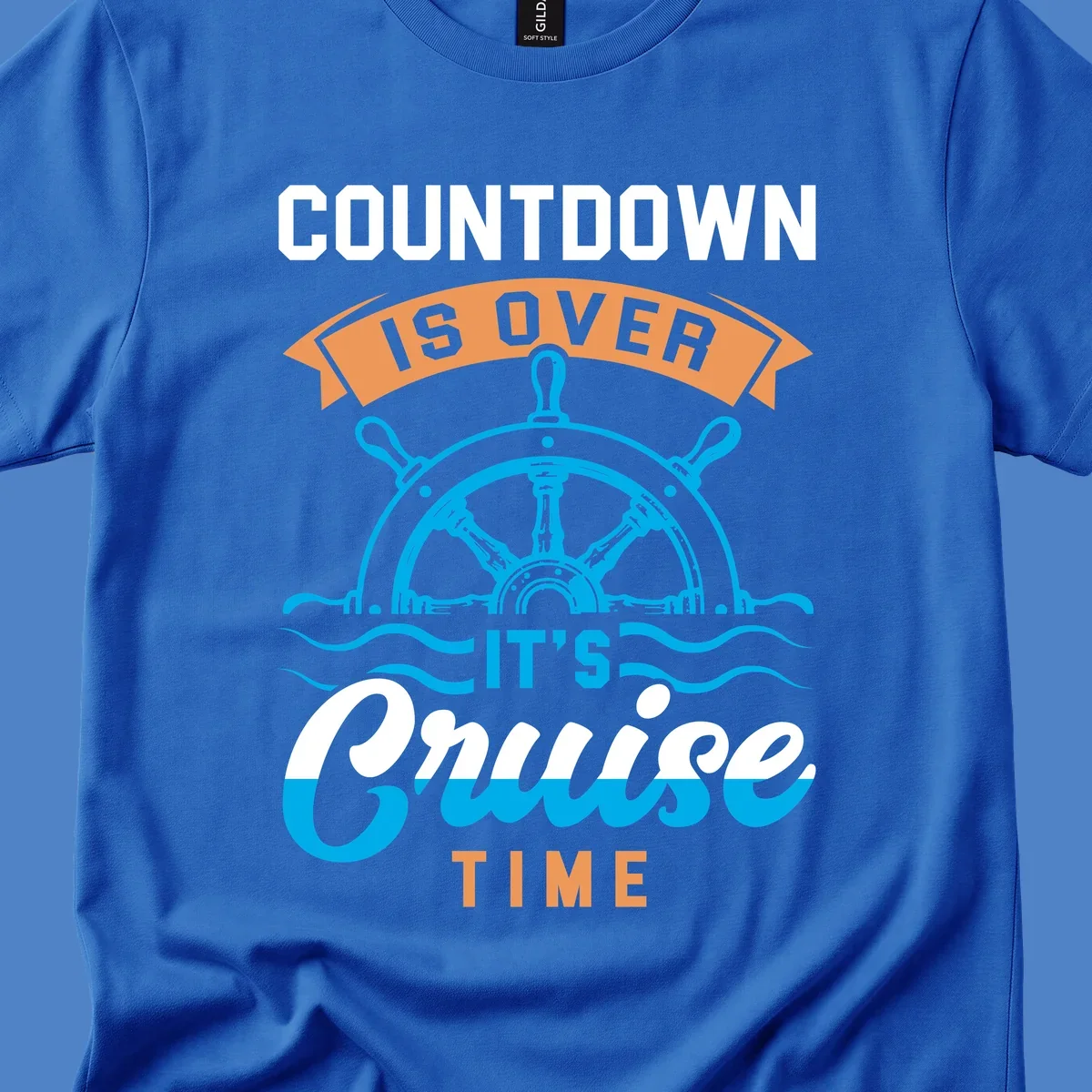 Nautical design with ship's wheel and ocean waves featuring countdown-cruise-time text in orange and white
