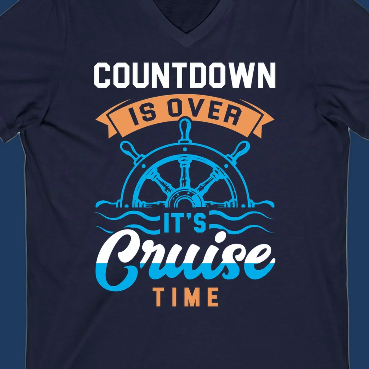 Nautical design with ship's wheel and ocean waves featuring countdown-cruise-time text in orange and white