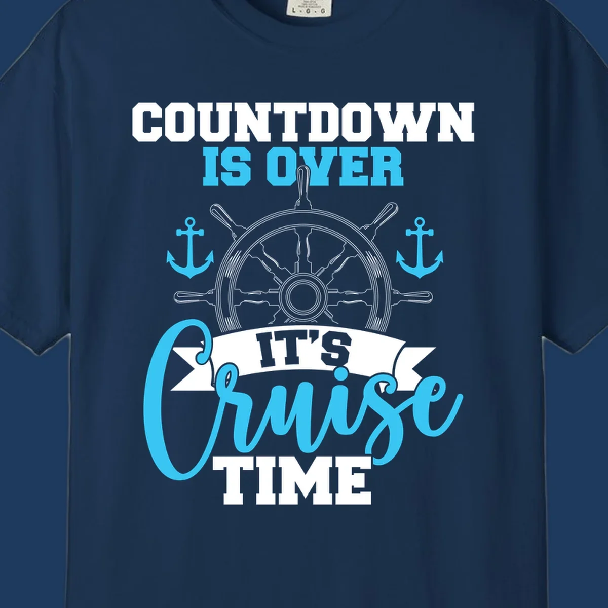 Nautical countdown-cruise-time design with ship's wheel, anchors, and text saying countdown is over it's cruise time