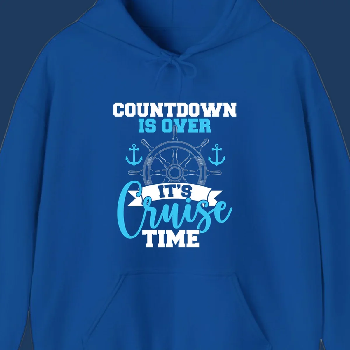 Nautical countdown-cruise-time design with ship's wheel, anchors, and text saying countdown is over it's cruise time