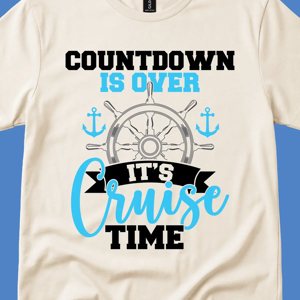 Nautical countdown-cruise-time design with ship's wheel, anchors, and text saying countdown is over it's cruise time