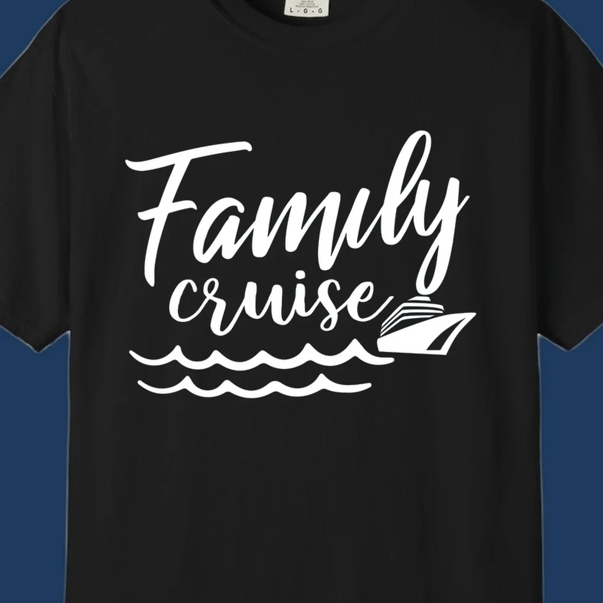 White script text reading Family Cruise with a small cruise ship and ocean waves illustration on gray background