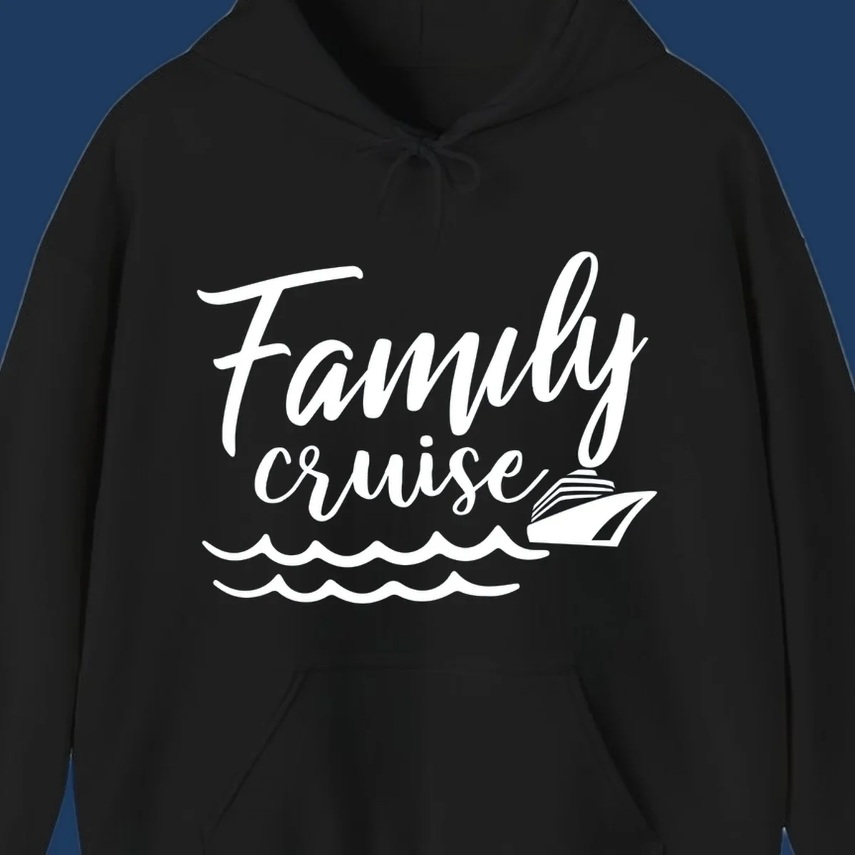 White script text reading Family Cruise with a small cruise ship and ocean waves illustration on gray background