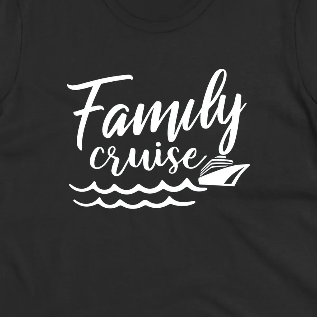 White script text reading Family Cruise with a small cruise ship and ocean waves illustration on gray background