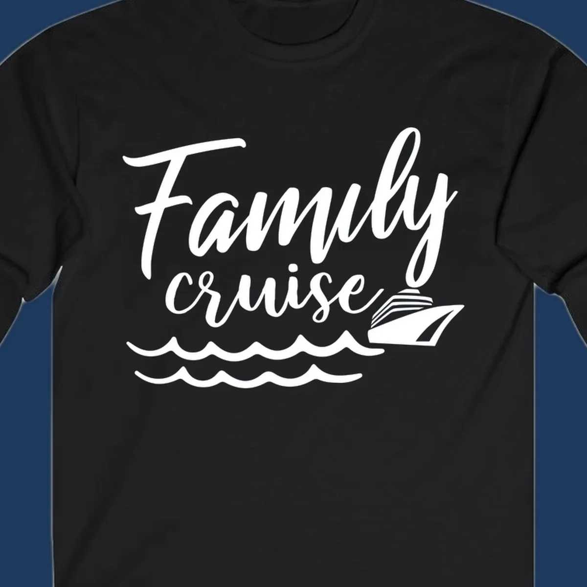 White script text reading Family Cruise with a small cruise ship and ocean waves illustration on gray background