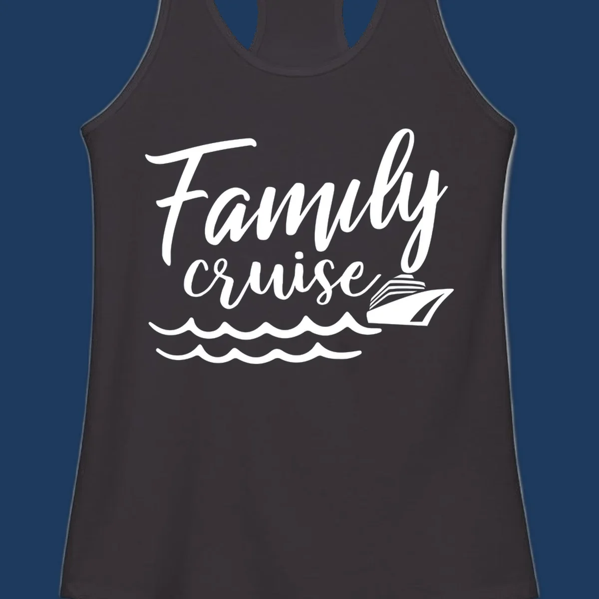 White script text reading Family Cruise with a small cruise ship and ocean waves illustration on gray background