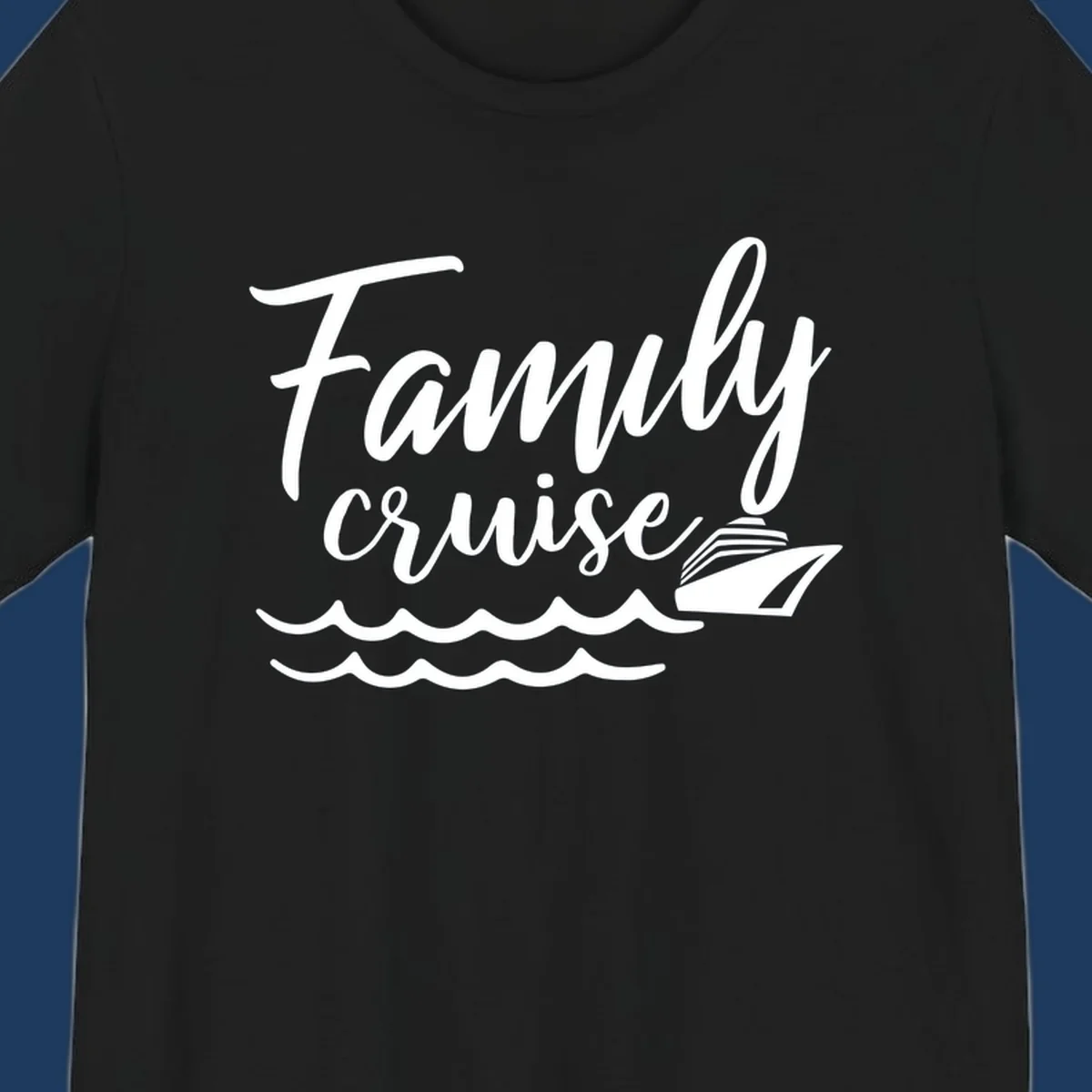 White script text reading Family Cruise with a small cruise ship and ocean waves illustration on gray background