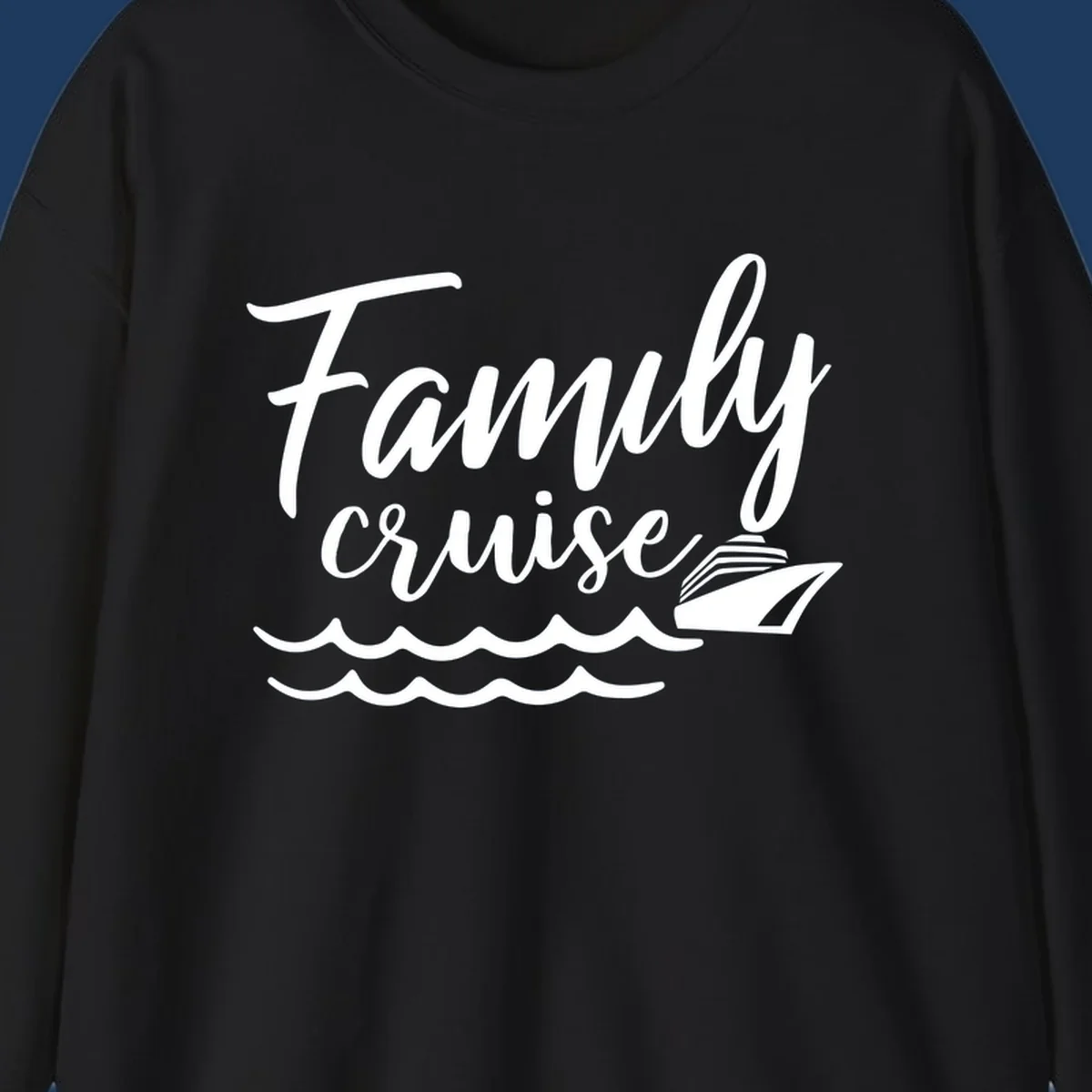 White script text reading Family Cruise with a small cruise ship and ocean waves illustration on gray background