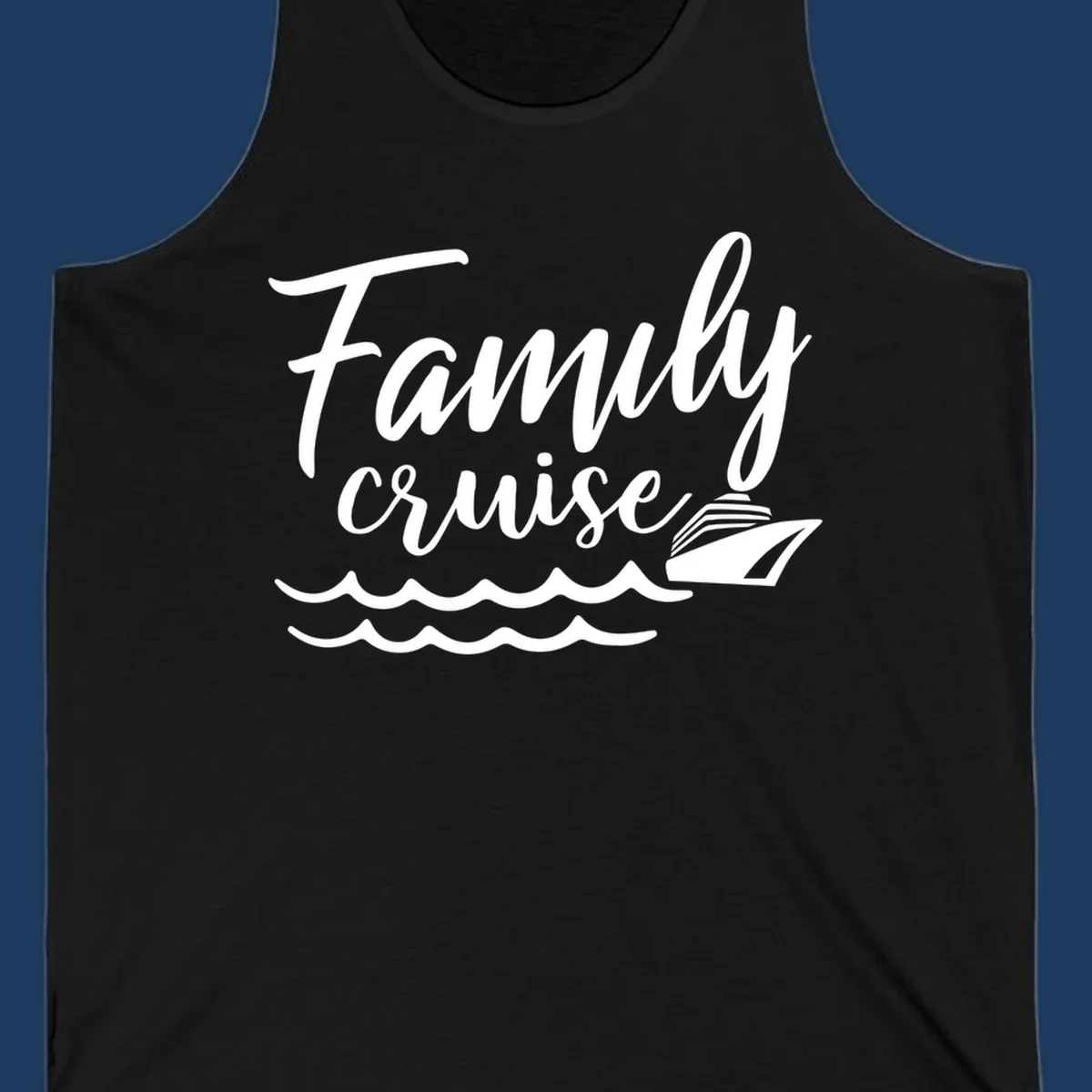 White script text reading Family Cruise with a small cruise ship and ocean waves illustration on gray background