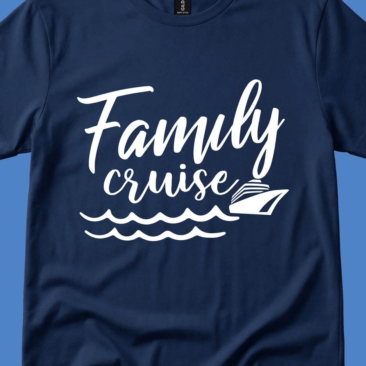 White script text reading Family Cruise with a small cruise ship and ocean waves illustration on gray background