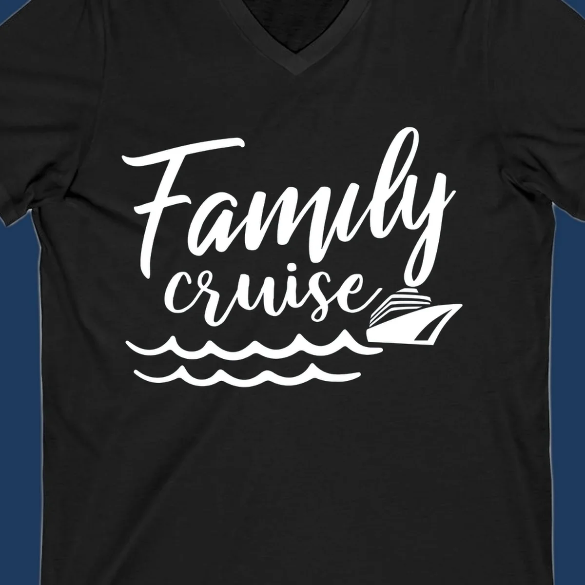 White script text reading Family Cruise with a small cruise ship and ocean waves illustration on gray background