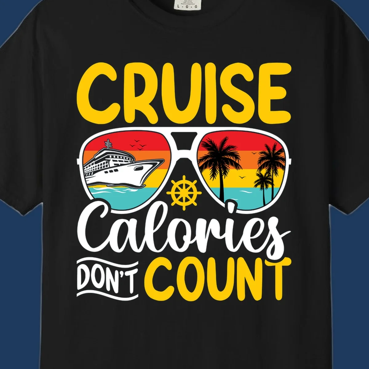 Retro sunglasses design with cruise ship and palm trees showing cruise calories don't count humorous vacation graphic