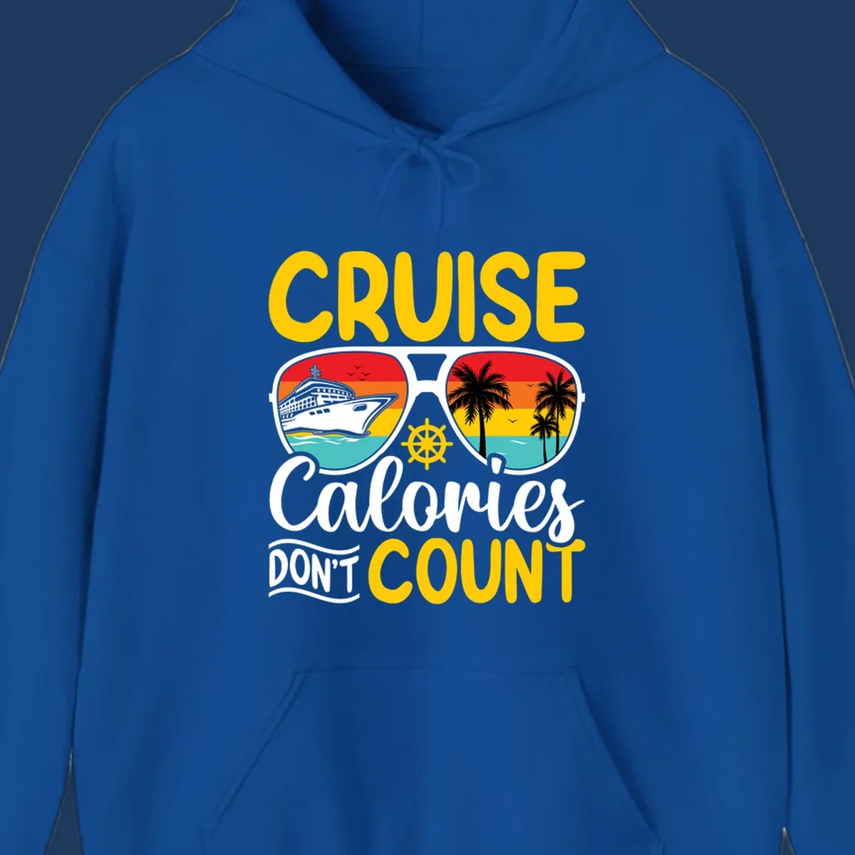 Retro sunglasses design with cruise ship and palm trees showing cruise calories don't count humorous vacation graphic