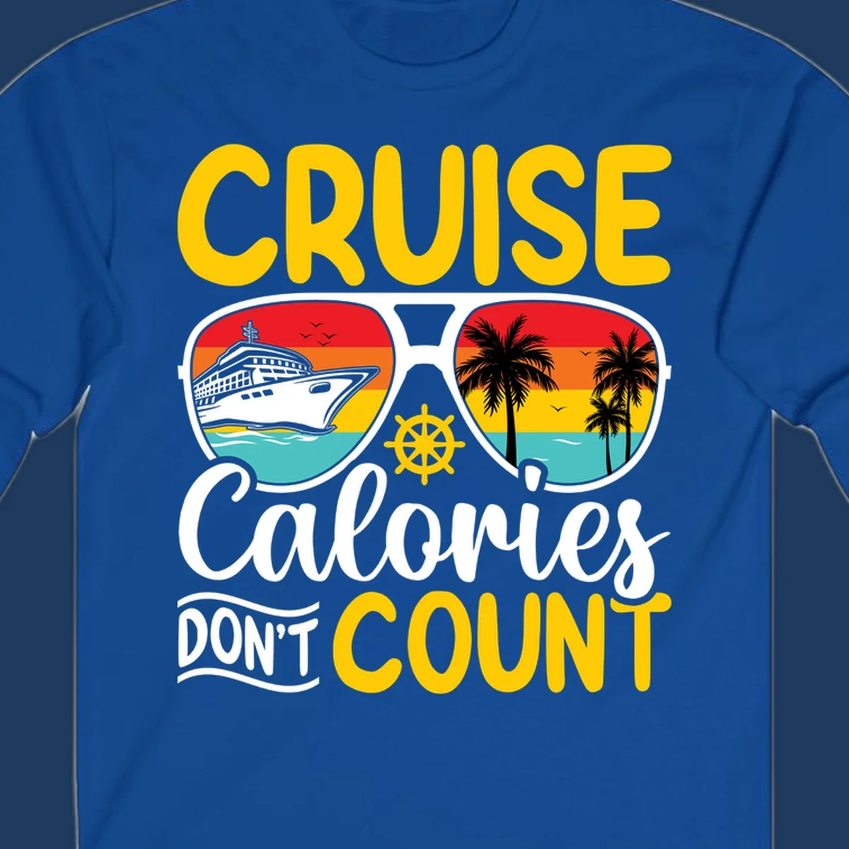 Retro sunglasses design with cruise ship and palm trees showing cruise calories don't count humorous vacation graphic