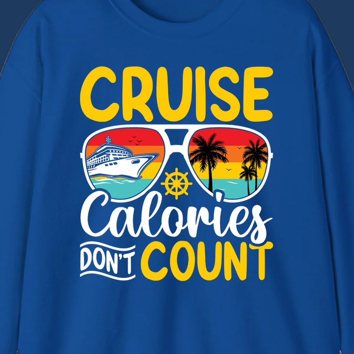 Retro sunglasses design with cruise ship and palm trees showing cruise calories don't count humorous vacation graphic