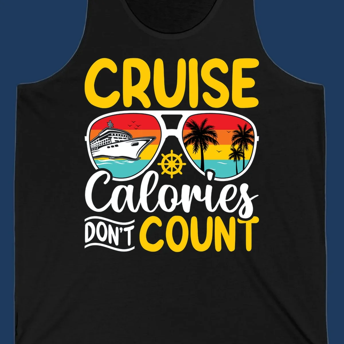 Retro sunglasses design with cruise ship and palm trees showing cruise calories don't count humorous vacation graphic