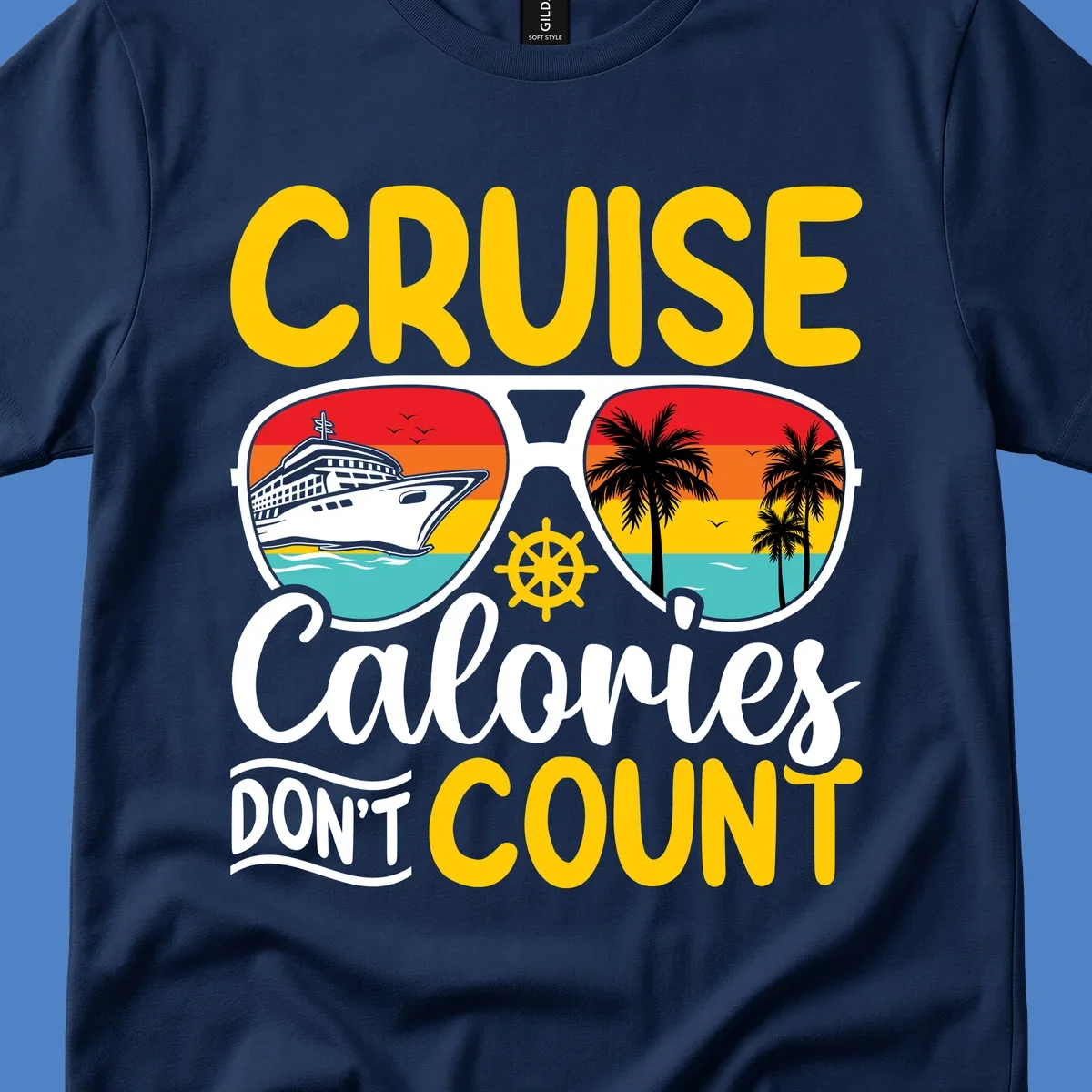 Retro sunglasses design with cruise ship and palm trees showing cruise calories don't count humorous vacation graphic