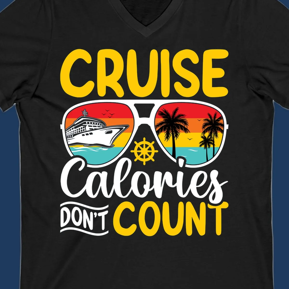 Retro sunglasses design with cruise ship and palm trees showing cruise calories don't count humorous vacation graphic