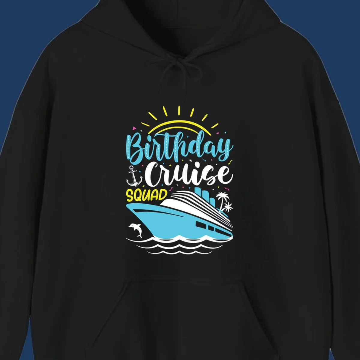 Colorful birthday cruise squad design with cruise ship, ocean waves, sun, anchor, dolphin, and palm trees on gray background