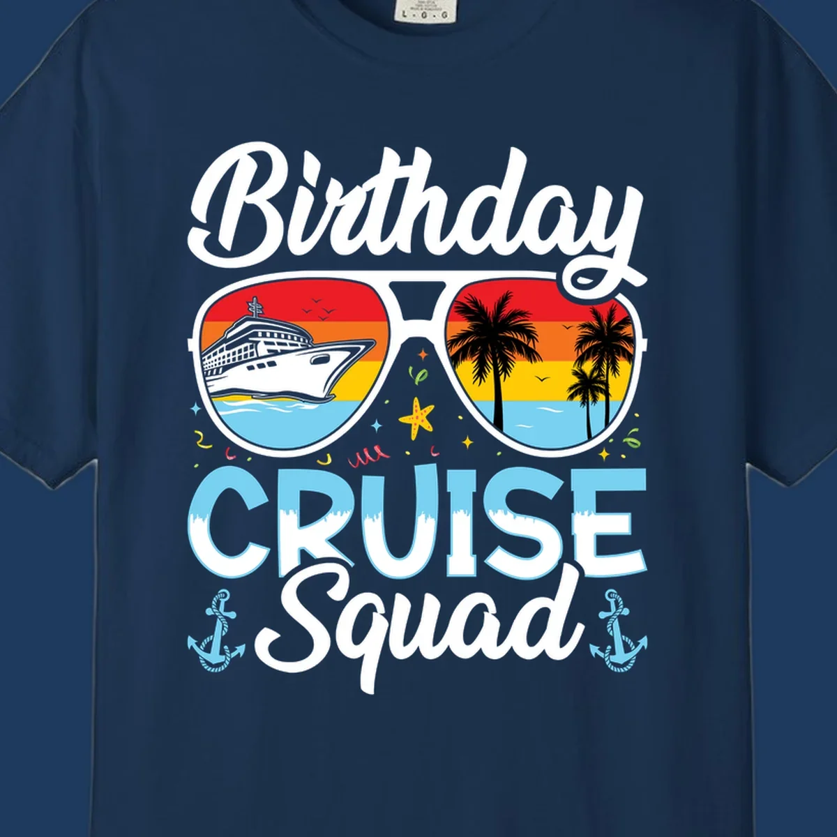 Sunglasses-shaped design with cruise ship and tropical palm tree scenes, 'Birthday CRUISE Squad' text with confetti and nautical elements