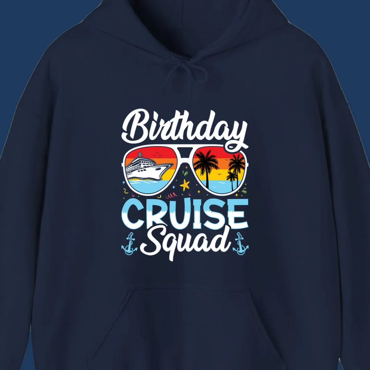 Sunglasses-shaped design with cruise ship and tropical palm tree scenes, 'Birthday CRUISE Squad' text with confetti and nautical elements