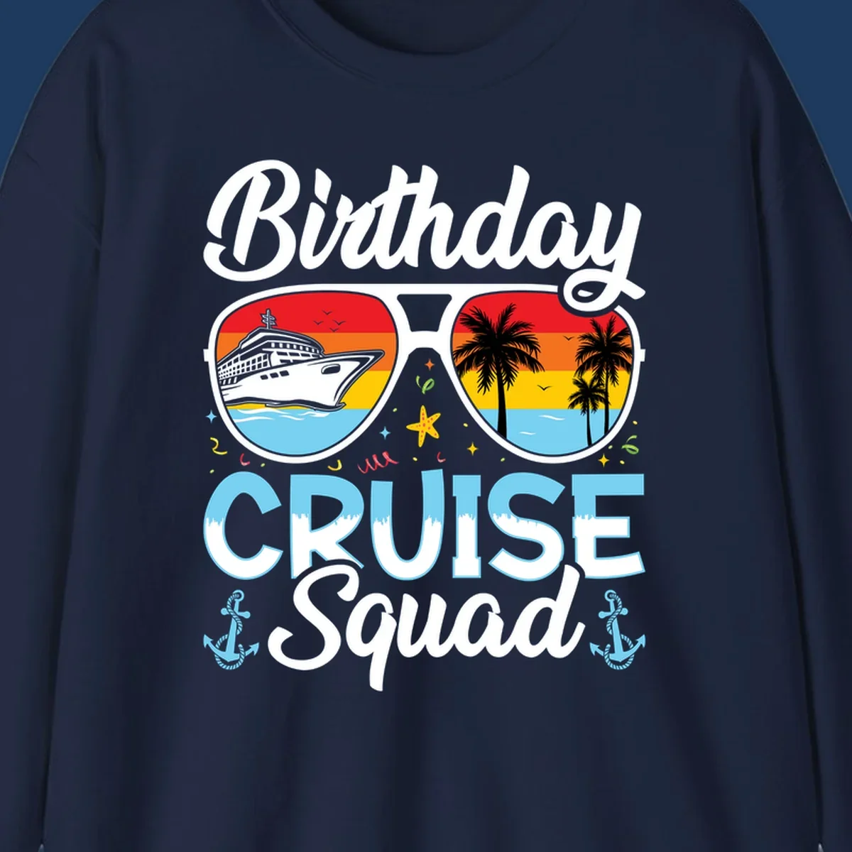 Sunglasses-shaped design with cruise ship and tropical palm tree scenes, 'Birthday CRUISE Squad' text with confetti and nautical elements