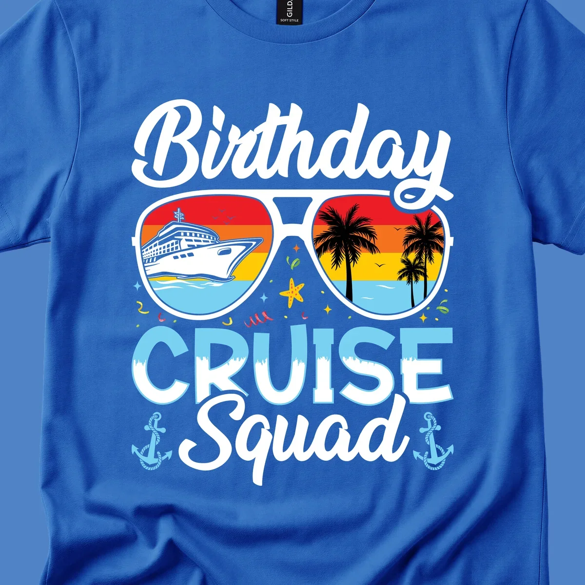 Sunglasses-shaped design with cruise ship and tropical palm tree scenes, 'Birthday CRUISE Squad' text with confetti and nautical elements