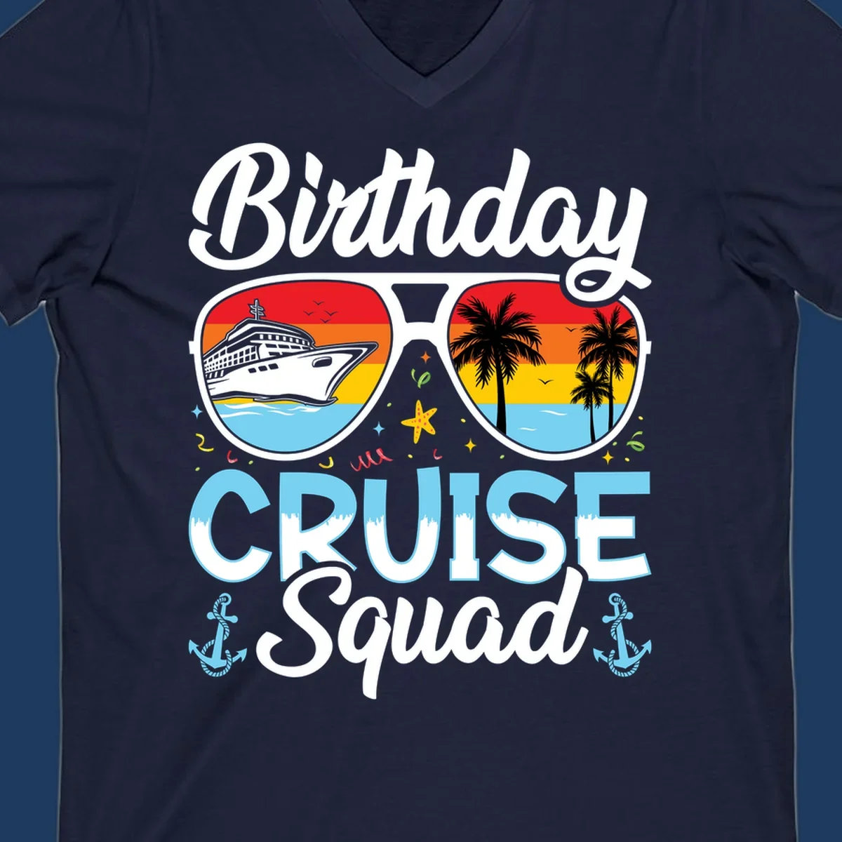 Sunglasses-shaped design with cruise ship and tropical palm tree scenes, 'Birthday CRUISE Squad' text with confetti and nautical elements