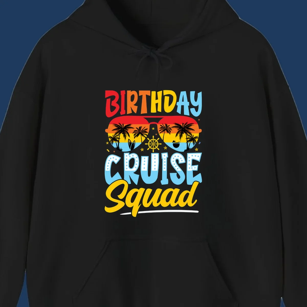 Birthday Cruise Squad design with tropical sunglasses, palm trees, ship wheel, and colorful text on gray background